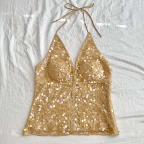 Vintage 90s/Y2K Venus USA Gold Sequin Halter Top!✨... - Depop Gold Halter Top, Sequin Halter Top, Sequin Halter, Yellow Top, Gold Sequin, Party Tops, Sequin Top, Concert Outfit, Halter Top