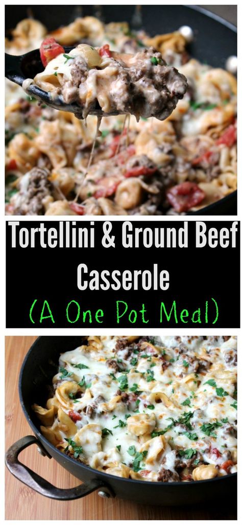 one pot tortellini and ground beef casserole Tortellini And Ground Beef, One Pot Tortellini, Tortellini Casserole, Dinner Beef, Resep Pasta, Crockpot Recipes Beef Stew, Beef Steak Recipes, Beef Stew Crockpot, Crock Pot Recipes