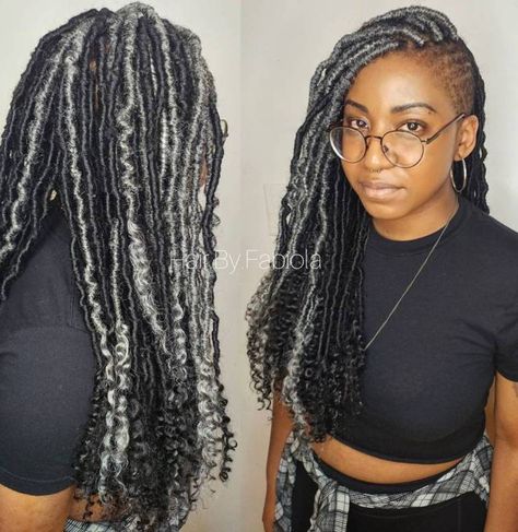 Black And Gray Faux Locs With Side Shave Gray And Black Locs, Grey Faux Locs Black Women, Goddess Locs Styles, Graying Gracefully, Dread Ideas, Cutest Hairstyles, Side Shave, Faux Locs Styles, Ombre Dreads