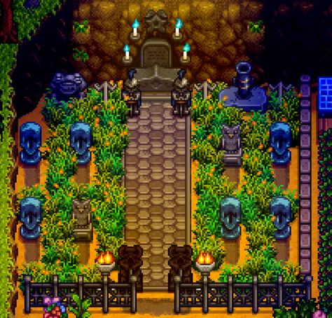 Stardew Valley Grandpas Shrine, Stardew Valley Walking Paths, Sdv Grandpa Shrine, Stardew Valley Grandpa Shrine Ideas, Grandpa's Shrine Stardew Valley, Stardew Valley Secret Statues, Grandpa Shrine Stardew, Stardew Junimo Hut Layout, Stardew Path Ideas