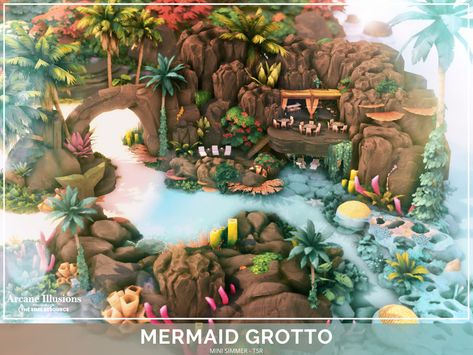 Mini Simmer's Arcane Illusions - Mermaid Grotto (NO CC) Mermaid House Sims 4, Sims 4 Mermaid House, Sims 4 Arcane, Sims 4 Community Lots Ideas, Sims 4 Mermaid Cc, Sims 4 Community Lots, Mermaid Grotto, Construction Minecraft, The Sims 4 Lots