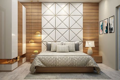 Recent Works | Interior Decor | Pune. Bed Back Wall Design Modern Luxury, Modern Bed Wall, Bed Design In Wood, Bed Wall Decor Ideas, Headboard Wall Design, Back Wall Design, Wall Decor Ideas Diy, Minecraft Bed, Bed Back Design