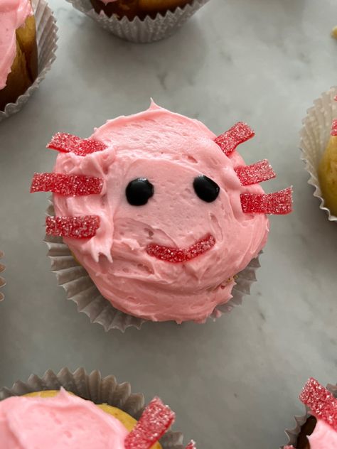 Axolotl Cupcake Cake, Salamander Birthday Party, Axolotl Theme Birthday, Axolotl Cake Pops, Axolotl Cupcake Ideas, Diy Axolotl Crafts, Axolotl Party Food, Minecraft Axolotl Cake, Axolotl Birthday Party Decorations