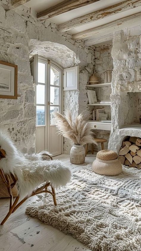 Rustic Textured Walls, Beam Decor, Bohemian Interior Design Style, Bohemian Interior Design, Natural Stone Wall, Stone Walls, Bohemian Interior, Stone Cottage, Exposed Beams