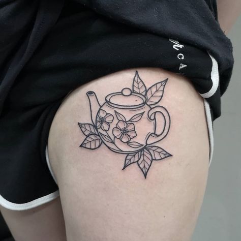 Tea Flash Tattoo, American Traditional Teapot Tattoo, Simple Teacup Tattoo, Teapot Teacup Tattoo, Tea Pot Tattoo, Cup Of Tea Tattoo, Tea Tattoos, Teapot Tattoo, Bicep Tattoos