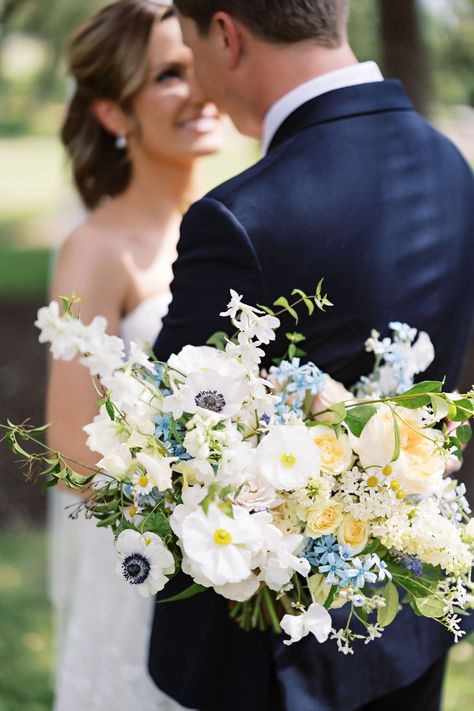 Yellow Blue White Wedding, Blue White Sage Wedding, Green Yellow Blue Wedding, White Bridal Bouquet With Pop Of Color, May Bridal Bouquets, Blue White And Yellow Wedding, Blue Green Yellow Wedding, Blue And Yellow Bridesmaids, Blue And Yellow Wedding Bouquet