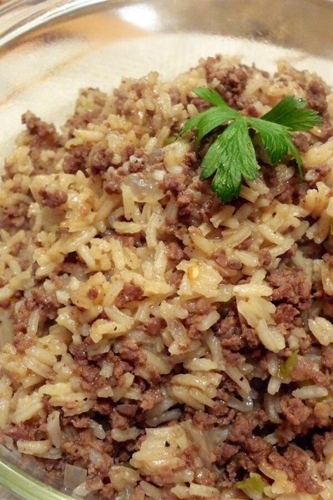 Ann's Dirty Rice | "This is a good base recipe, easy to work with and make the way you want. " #sidedishrecipes #sides #dinnersidedish #sidedishes #sidedishideas Ground Beef Peppers And Onions, Beef Peppers And Onions, Instant Pot Dirty Rice, Ground Beef Peppers, Rice Dishes Recipes, Dirty Rice Recipe, Rice Dressing, Rice Side Dish Recipes, Cooking With Ground Beef