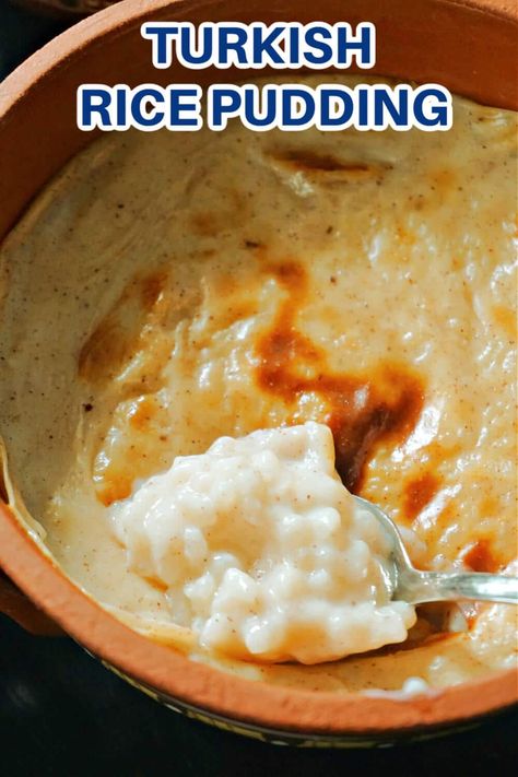 Turkish Rice Pudding, a thick, creamy and rich sweetened rice pudding that is partially cooked on the stove, then baked in the oven to get a lovely brown crust and a nice caramelisation. It's a comforting sweet dish that can be served as a dessert throughout the year, and it can be as simple or as garnished as one wishes. Rice Pudding Cake Nigella, Jasmine Rice Pudding Recipe, Home Made Rice Pudding, Rice Pudding Pie, Italian Rice Pudding, Sweet White Rice Recipes, Turkish Rice Pudding, Sutlac Recipe, Old Fashioned Rice Pudding Recipe