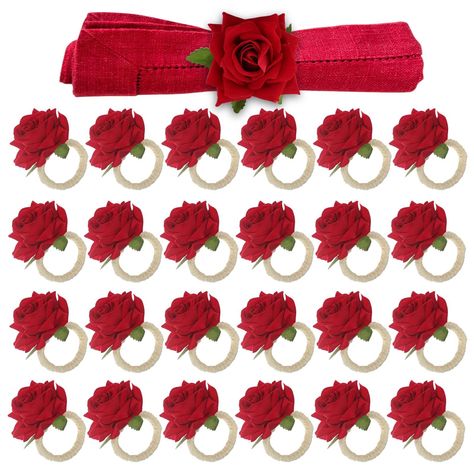 PRICES MAY VARY. Handicraft Napkin Ring: these red rose napkin rings are mainly made of nice quality imitation flower and flax material with exquisite workmanship, sturdy and odorless, not easy to fade or deform, able to be applied as table companions for a long time Valentine Rose Design: these red napkin rings are designed with a rose shape on the top, pink flowers and green leaves make them more vivid and animate, letting you have a pleasant visual experience while enjoying a delicious dinner Mother Day Party, Napkin Holder Wedding, Flower Napkin Rings, Roses Valentine, Rings Red, Red Wedding Decorations, Napkin Rings Wedding, Rings Pink, Handmade Napkins