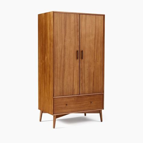 Our Mid-Century Armoire is an instant closet and versatile storage system all in one. Anticipating your every storage need, it comes with two removable hanging rods, four adjustable shelves, a deep drawer, three hooks and a full-length mirror. #dwellshop #modernbedrooms #wardrobedesigns #wardrobe #armoire Mid Century Daybeds, Mid Century Bed, 60s Furniture, Room Planning, Modern Dresser, Dressers And Chests, Bedroom Collection, Apartment Ideas, Dresser As Nightstand