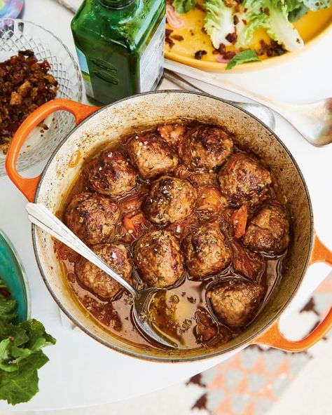 Spicy Pork Meatballs in Brothy Tomatoes and Toasted Fennel | Guest Recipes | Nigella's Recipes | Nigella Lawson Alison Roman, Pork Meatballs, Spicy Pork, Meatball Recipes, Fennel, Casserole Dishes, Meatballs, Easy Dinner, Dinner Party