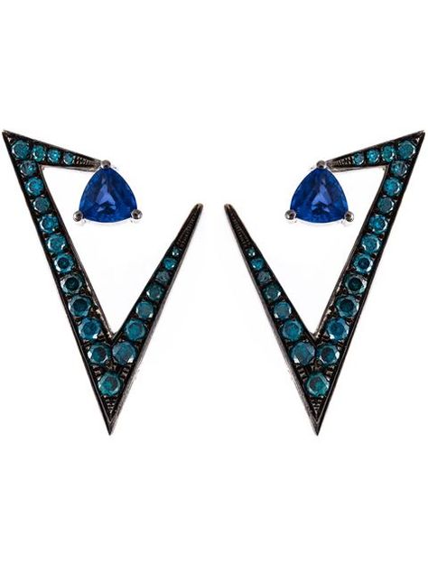 Shop Nikos Koulis geometric sapphire and diamond earrings. Jewellery Atelier, Wedding Recipes, Nikos Koulis, Blue Diamond Earrings, Blue Diamond Jewelry, Contemporary Jewellery Designers, Blue Sapphire Jewelry, Horn Earrings, Pave Jewelry