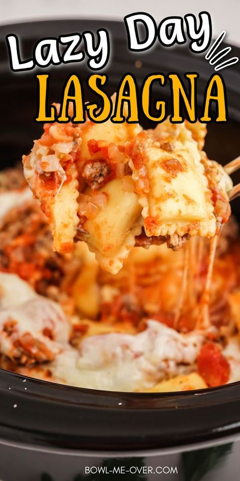 Crockpot Lasagna With Ravioli, Lazy Day Crock Pot Lasagna Recipe, Lasagna With Ravioli, Lazy Day Lasagna, Lasagna Crockpot, Lazy Crock Pot Lasagna, Crockpot Potluck, Easy Crockpot Lasagna Recipe, Lazy Lasagna Recipe