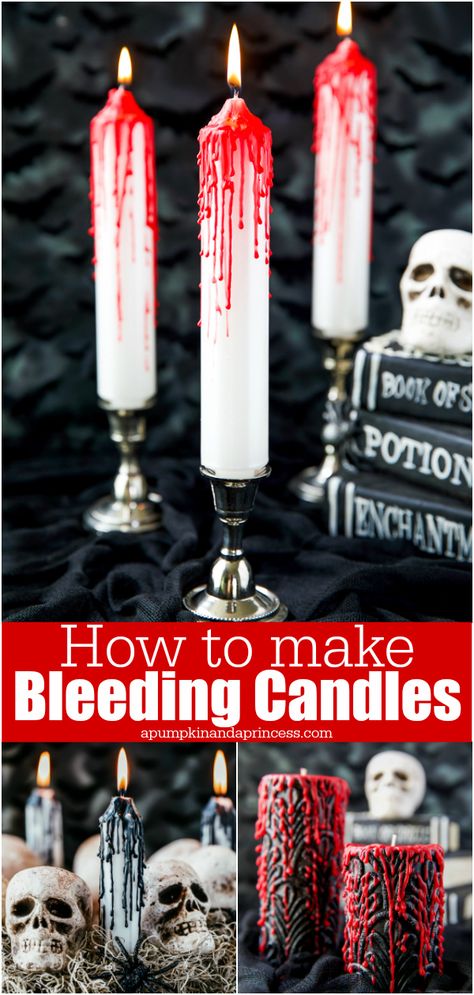 Candle Halloween Decorations, Diy Fake Halloween Candles, Fake Candles Halloween, Halloween Candle Making Ideas, Diy Halloween Taper Candles, Diy Melted Candles Halloween, Vampire Halloween Decorations Diy, How To Make Black Candles, Candle Making Halloween