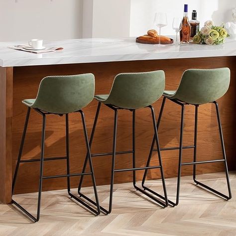 Amazon.com: HeuGah Green Bar Stools Set of 3, 30 Inch Counter Height Bar Chair with Metal Legs Faux Leather BarStools for Kitchen Island Modern Tall Bar Counter Chairs : Home & Kitchen Kitchen Island Modern, Leather Barstools, Green Bar Stools, Green Kitchen Designs, Island Stools, Green Bar, Stools For Kitchen Island, Stools With Backs, Counter Chairs