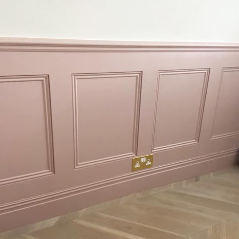 Light Pink Wall Panelling, Blush Pink Nursery Panelling, Pink Panel Wallpaper, Pink Panelled Walls, Blush Pink Wall Panelling, Mauve Trim White Walls, Blush Pink Panelling, Pink Chair Rail, Pink Media Wall