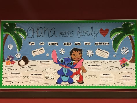 Lilo & Stitch bulletin board Stitch Bulletin Board, Stitch Classroom Theme, Disney Bulletin Boards, Residence Life Bulletin Boards, Dorm Bulletin Boards, Res Life Bulletin Boards, Resident Assistant Bulletin Boards, Lilo And Stitch Disney, Disney Themed Classroom