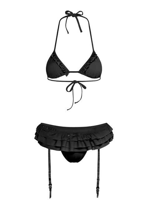 GARTER LINGERIE INSPIRED BIKINI SET IN BLACK. FRILL RUFFLE DETAILS WITH REMOVABLE SUSPENDER STRAPS FABRIC COMPOSITION: 82% POLYAMIDE & 18% SPANDEX CARE INSTRUCTIONS: HAND WASH ONLY DRY FLAT OUT OF DIRECT SUNLIGHT Bathing Suit Png, Suit Png, Bow Bag, Girl Closet, Fabulous Fabrics, Crazy Shoes, Black Swimsuit, Playing Dress Up, Girls Night