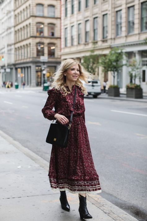 How and Where to Wear a Prairie Dress! | About The Outfits Prairie Dress Street Style, Prairie Dress Modern, Prairie Dress Outfit, Dress Street Style, Street Style 2022, Black Sock Boots, Prairie Dresses, Ladies Lunch, Prairie Style