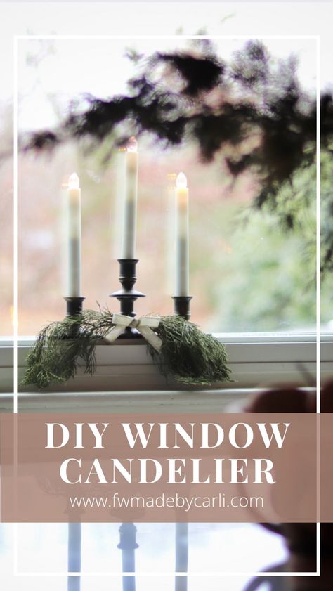 Window Candles Ideas, Candles In Windows Christmas, Decorating Window Sills, Diy Window Sill, Window Snow Spray, Candlestick Makeover, Window Candle Lights, Electric Window Candles, Christmas Window Candles