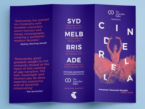 Side 1 of duotone DL brochure for The Australian Ballet's Cinderella performance. Duotone Brochure, Ballet Brochure, Ballet Cinderella, Event Brochure, Art Brochures, Brochure Design Layout, Australian Ballet, Brochure Inspiration, Trifold Brochure Design