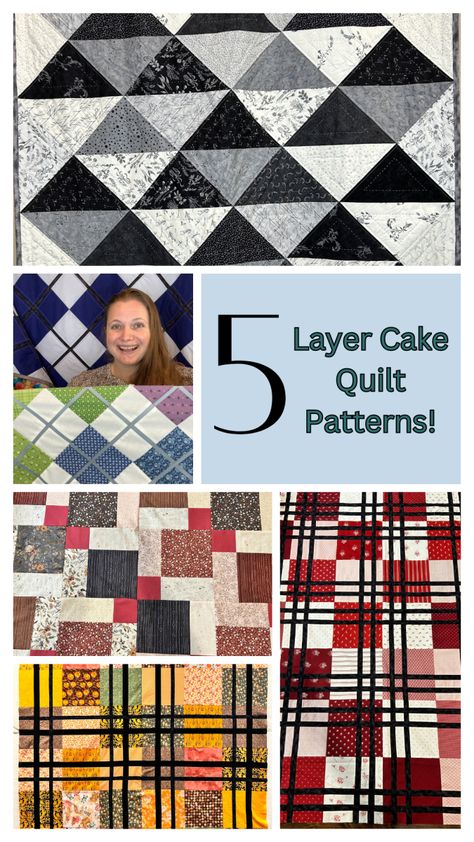 I love purchasing Layer Cakes when I love a line of fabric, but am not quite sure what quilt pattern I want to use the fabric with. With a layer cake, I get every print in the line of fabric and it… Layer Cake Quilts Pattern Free, Layer Cake Quilt Pattern, Layer Cake Fabric, Easy Quilting Design, Layer Cake Patterns, Layer Cake Quilt Patterns, Cake Quilt, Layer Cake Quilts, Plaid Quilt