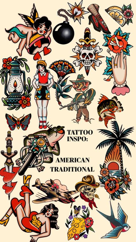 American Traditional Tattoo Inspo ❤️ Flash Art Traditional, Tattoo Flash Art Traditional, Tattoo Sleeve Traditional, Traditional Tattoo Illustration, Art Traditional Tattoo, Traditional Tattoo Arm, Tattoo Flash Sheets, Traditional Sailor Tattoos, American Traditional Sleeve