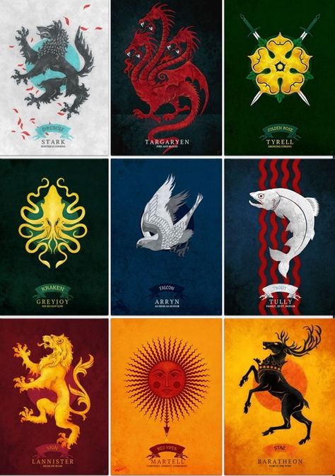 The 9 major Houses contending for power in Westeros. House Stark, House Targaryen, House Tyrell, House Greyjoy, House Arryn, House Tully, House Lannister, House Martell, House Baratheon Got Houses Sigils, House Martell Sigil, Tully House, Game Of Thrones House Sigils, Lannister Sigil, Game Of Thrones Houses Symbols, Arryn House, House Arryn, House Tully