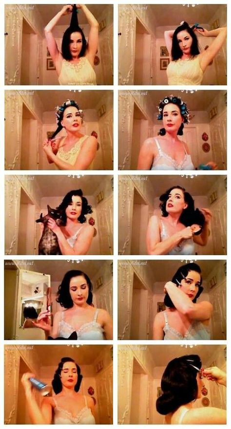 technique d'une coiffure de Dita Von Teese Cabelo Pin Up, Dita Von Teese Style, Rockabilly Hair, Pin Up Hair, Peinados Fáciles Para Cabello Corto, Dita Von, Bob Hair, Dita Von Teese, Retro Hairstyles