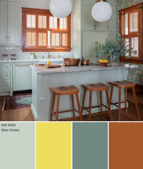 I like the 2 shades of sage green and terracotta Ranch House Ideas, House Color Palette, Neon Prom Dress, Small Nursery Ideas, Sage Green Paint, Restful Bedrooms, Sage Green Kitchen, Small Nursery, Green Kitchen Cabinets