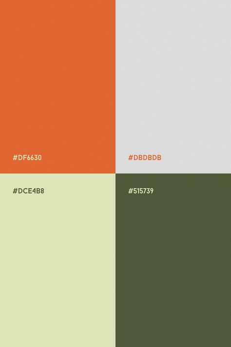 Warm color palette with orange, light gray, dark green and pale green Green And Orange Branding, Green Orange Palette, Orange Green Color Palette, Color Palette Dark Green, Farm Color Palette, Green Orange Color Palette, Orange Green Aesthetic, Green And Orange Aesthetic, Color Palette With Orange