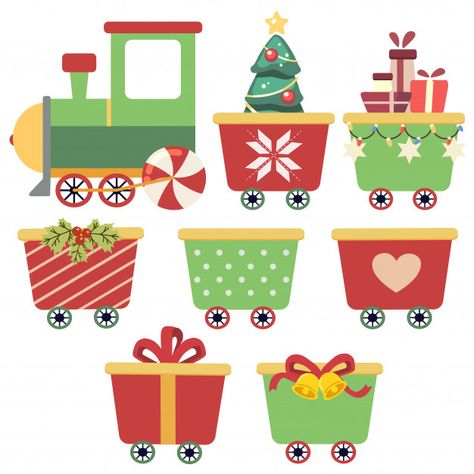 Collection of cute train with wagons Pre... | Free Vector #Freepik #freevector #freechristmas #freechristmas-tree #freetree #freewinter Christmas Train Illustration, Christmas Train Drawing, Winter Train, Train Template, Train Drawing, Train Illustration, Train Decor, Holiday Train, New Year Postcard