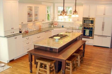 Eat-in kitchen table height island Kitchen Island With Table Attached, Kitchen Island Table Combination, Historic Kitchen, Custom Kitchen Island, Small Kitchen Island, Island Table, Kitchen Island Table, Kitchen Seating, Island Countertops