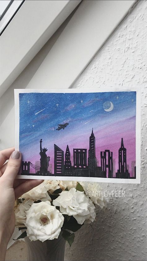 Simple Cityscape Painting, New York Skyline Painting Easy, Night City Painting Acrylic Easy, New York City Painting Acrylic Easy, New York City Painting Easy, New York Painting Easy, City Painting Acrylic Easy, City Painting Easy, Nyc Skyline Painting