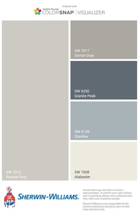 Whole House Sherwin Williams Paint Scheme, Farmhouse Grey Color Palette, House Color Schemes With Dark Wood, Whole House Paint Pallet Sherwin Williams, Bedroom Wall Paint Colors Cozy, Grey Bathroom Accent Wall, Sherwin Williams Stardew Color Palette, Sherwin Williams Granite Peak Coordinating Colors, Mindful Gray Color Palette