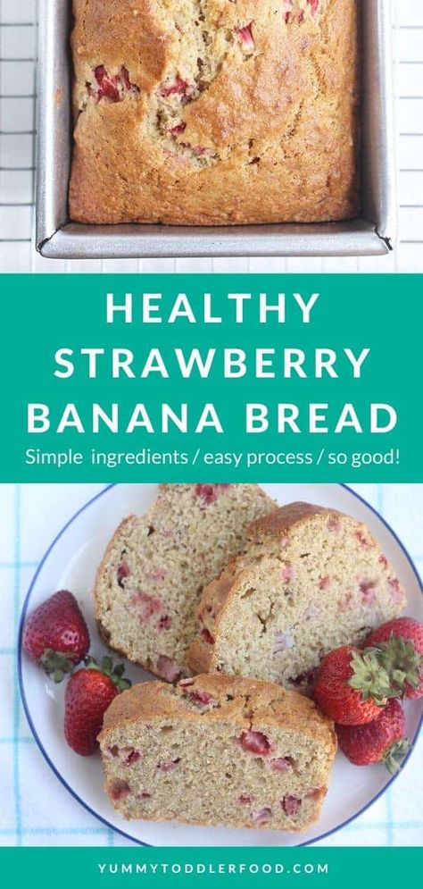 Bursting with fresh berries, this Strawberry Banana Bread is so easy to make for breakfasts and snacks. It stores well in the fridge for days, has a simple ingredient list, and is super moist. #strawberrybananabread #strawberrybread #healthybread #quickbread #toddlerbreakfast Banana Bread Low Sugar, Strawberry Muffins Healthy, Strawberry Banana Bread, Strawberry Bread, Toddler Breakfast, Healthy Strawberry, Healthy Bread, Ingredient List, Easy Strawberry