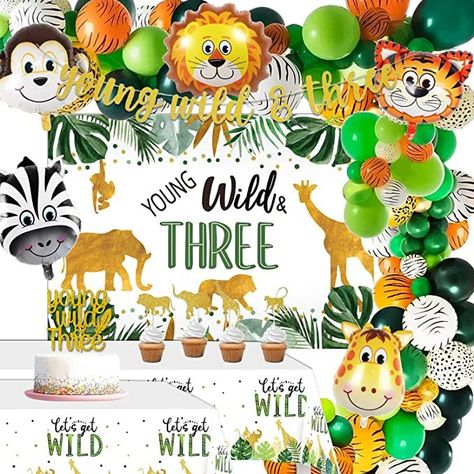 *affiliate link. FVABO Young Wild And Three Decorations - Jungle Safari Theme 3rd Birthday Decorations for Boy Girl Include Backdrop, Balloons Arch, Banner, Tablecloth, Cake Topper, Young Wild And Three Party Supplies. 3 year old party ideas. 3rd birthday ideas. 3 year old party. Wild 3rd birthday. Safari birthday. Wild And Three Decorations, 3rd Birthday Decorations, Third Birthday Boys, Jungle Safari Theme, Safari Party Decorations, Jungle Balloons, Jungle Theme Birthday Party, Young Wild And Three, Wild Birthday Party