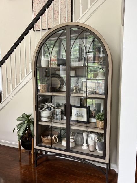 Cabinet Styling Display, Living Room Arched Cabinets, Arch China Cabinet, Arched Top Cabinet, Arch Top Cabinet, China Cabinet Styling Ideas, Arched Entertainment Center, Arched Cabinet Decor, Diy Arched Bookcase