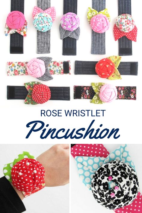 Keep your pins close with this fashionable & functional rose wristlet pincushion pattern. Sewing With Scraps, Diy Pin Cushion, Pin Cushions Patterns, Sewing To Sell, Needle Cases, Quilt Guild, Fabric Roses, Pattern Sewing, Sewing Items