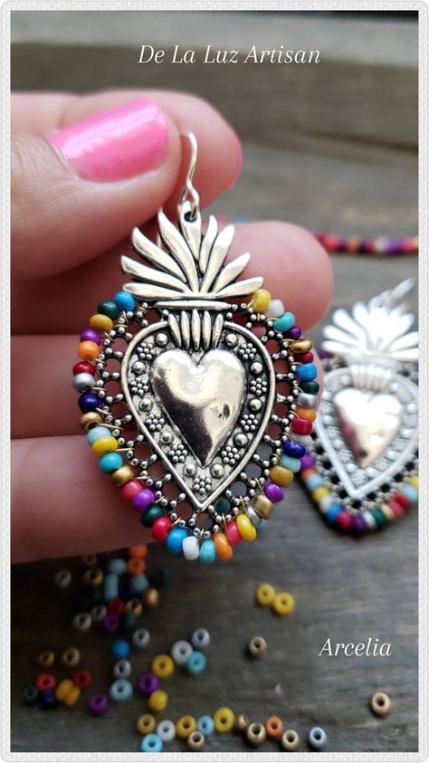 Arcelia Fiesta Gold Sacred Heart Earrings Dangle Latina - Etsy Australia Fiesta Jewelry, Diy Tassel Necklace, Heart Art Projects, Chain Necklace Diy, Rosary Jewelry, Punched Tin, Gold Hooks, The Sacred Heart, Colorful Embroidery