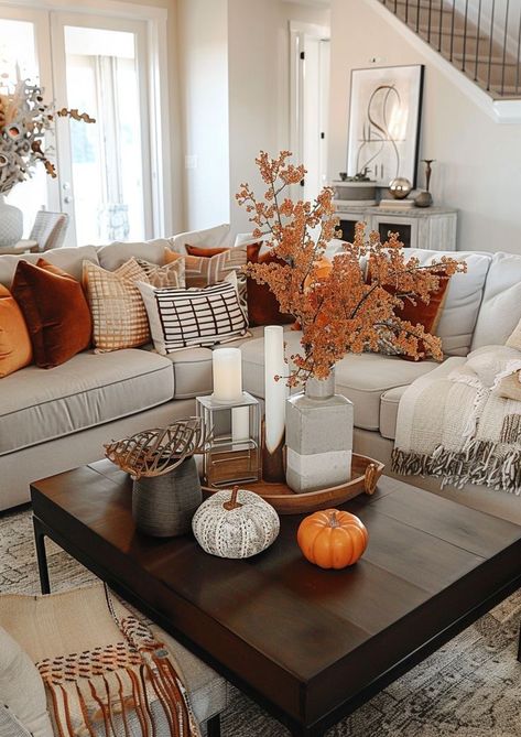 Fall Lantern Decor Ideas Living Room, Fall Decor Elegant, Classy Fall Decor Living Room, Fall Decor For Tables, Cozy Fall Aesthetic Home, Fall Side Table Decor, Office Fall Decorations Ideas, Halloween Themed Bedroom, Minimal Fall Decor