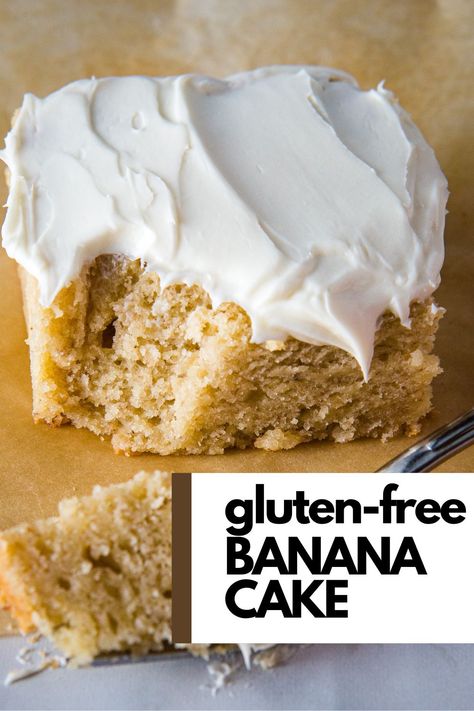 Slice of gluten-free banana cake with cream cheese frosting. Banana Sheet Cake, Banana Sheet Cakes, Gluten Free Banana Cake, Banana Snack Cake, Blueberry Muffin Recipe Easy, Easy Blueberry Muffins, Homemade Snickers, Banana Cake Recipe, Cake With Cream Cheese Frosting