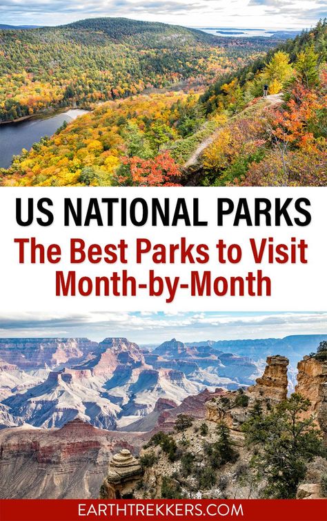 Best US National Parks to visit month by month. This guide covers every US national park and the best months to visit, based on weather, road closures, and crowd levels. It's the ultimate guide to picking out your next national park destinations. Map Of National Parks In Us, National Park Trips, National Parks Aesthetic, Us National Parks Map, Fall Travel Destinations, All National Parks, National Parks Road Trip, National Park Map, Visit Alaska