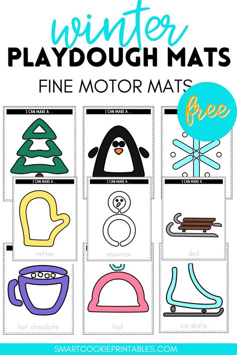 9 winter fine motor playdough mats with vocabulary words to trace Winter Playdough Mats Free Printables, Winter Daycare Themes, Free Playdough Mats, Winter Prek Activities, January Activities For Preschool, Playdough Mats Free Printables, Winter Playdough Mats, Winter Fine Motor Activities, Winter Playdough