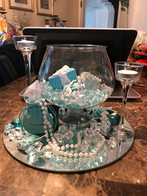 Tiffany blue centerpiece pearls Tiffany Blue Centerpieces, Tiffany Blue Bridal Shower, Breakfast At Tiffanys Party Ideas, Tiffany Themed Bridal Shower, Tiffany Birthday Party, Tiffany Birthday, Tiffany Bridal Shower, Tiffany's Bridal, Tiffany Party