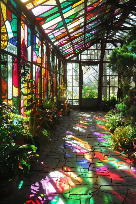 Indoor Glass Greenhouse, Stained Glass Window Greenhouse, Solar Panel Greenhouse, Home Botanical Garden, House Inside A Greenhouse, Cool House Ideas Creative, Huge Garden Design, Diy Glass Greenhouse Recycled Windows, Add On Greenhouse