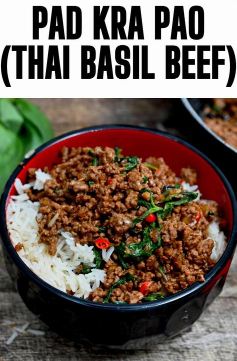 Bursting with bold and aromatic flavors, this genuine Thai Basil Beef, also known as pad kra pao, is a delightful stir-fry dish. It's quick to whip up, yet deserves to be savored slowly for its rich taste. Thai Basil Ground Beef, Basil Ground Beef, Baked Potato Bar Toppings, Potato Bar Toppings, Pao Recipe, Pad Kra Pao, Popular Thai Dishes, Basil Beef, Thai Basil Beef