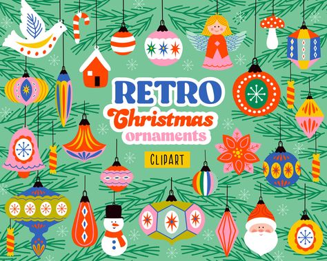 Retro Christmas Ornaments, Christmas Ornaments Svg, Vintage Christmas Toys, Tree Decorations Christmas, Winter Clipart, Holiday Clipart, Christmas Inspo, Vintage Tree, Clip Art Vintage