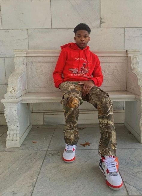 Red 4s Outfit, Fire Red 4s Outfit, Fire Red Outfit, Red Hoodie Outfit, Fire Red 4s, 4s Outfit, Mens Clothing Trends, Men Streetwear Fashion, Style Outfits Men