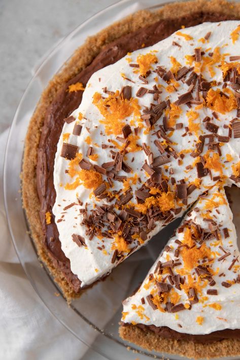 chocolate orange pie - the palatable life Christmas Chocolate Recipes, The Palatable Life, Palatable Life, Graham Cracker Butter, Orange Pie, Brownie Mix Recipes, Perfect Christmas Dessert, Making Chocolate, Box Cake Mix